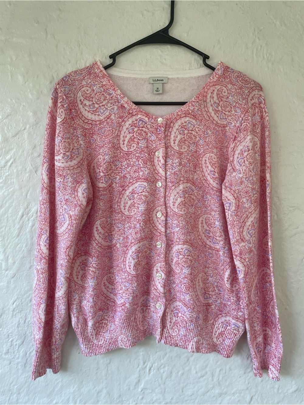 L.L.Bean supima cotton preppy pink paisley button up cardigan sweater Size M